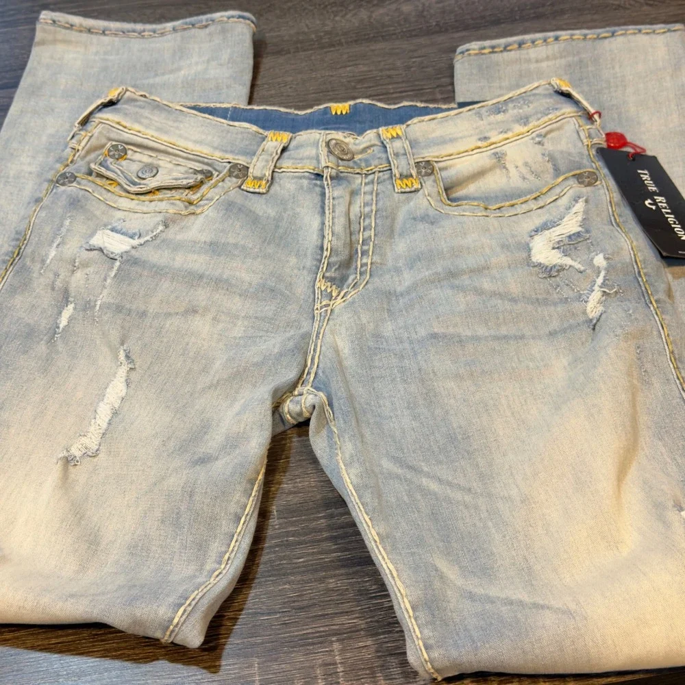 NWT True Religion Ricky Super T Flap Jeans Size‎ 31 Light Wash Distressed $299
